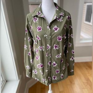 Duluth Trading Co Olive Green Purple Floral Nylon Button Down Fishing Shirt XS